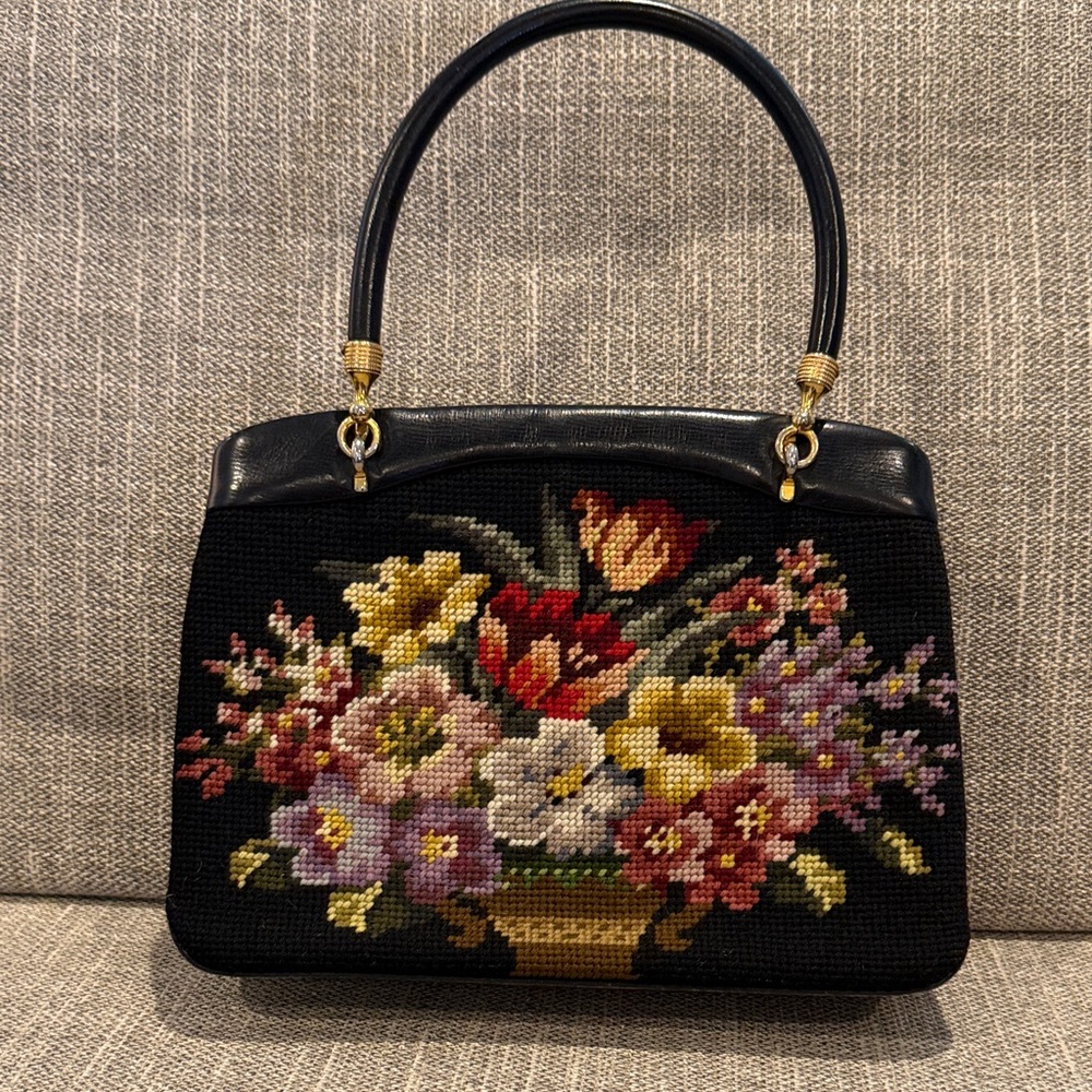 Vintage Floral Tapestry Black Needlepoint Bag